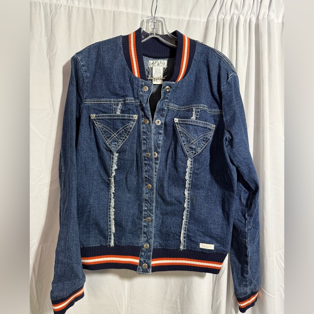 Baby Phat Jacket Varsity Bomber Jean Denim Snap Rib Knit Stripes Size L (GBQLTX)